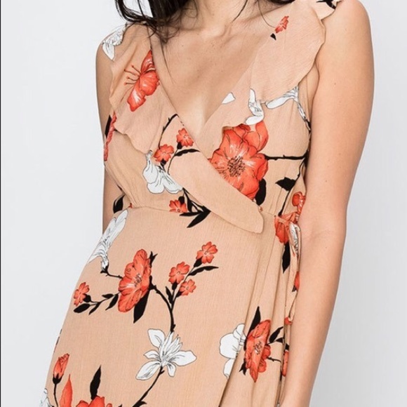 CLEARANCE Taupe Deep V Faux Wrap Floral Open Back Dress - Picture 5 of 7